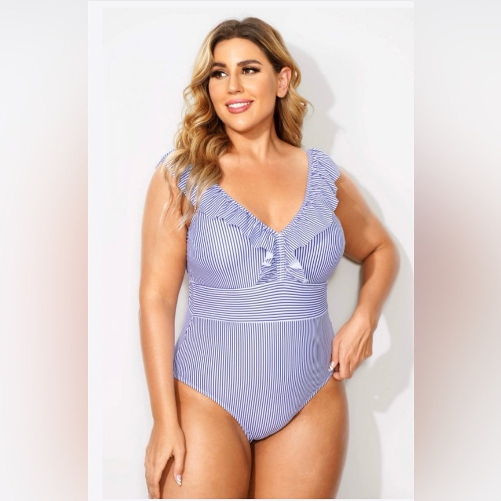 Meet.Curve stripes v-neck ruffled retro 1 piece swim suit. Blue & white. Size L